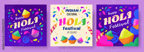 Holi Indian festival of colours, set of square banner, cards, posters, print, India national holidays, creative vector illustration
