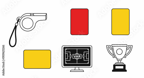 Collection of Football Soccer Related Icons Including Whistle, Cards, VAR, and Trophy, isolated white background
