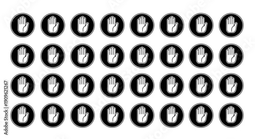 Grid of Warning Stop Hand Gesture Icons Signifying Halt or Prohibition, isolated white background