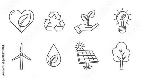 Collection of Ecological and Environmental Icons Representing Sustainability, isolated white background