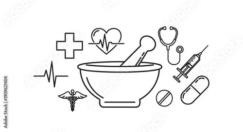 Collection of essential medical pharmacy items with mortar and pestle on isolated white background
