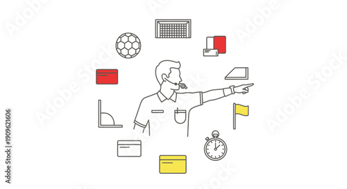 Football Referee Pointing with Sport Equipment Icons, Isolated White Background