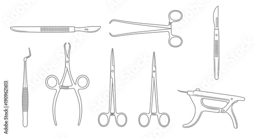 Collection of Surgical Instruments and Medical Tools, Isolated White Background