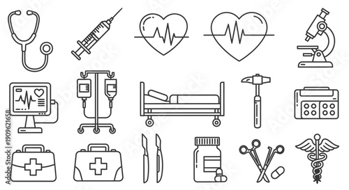 Extensive Collection of Medical and Healthcare Line Icons Featuring Stethoscope, Syringe, Heartbeat, Hospital Bed, and Surgical Tools on Isolated White Background