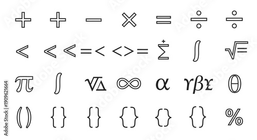 Comprehensive Set of Mathematical and Scientific Line Symbols Including Operators, Inequalities, Infinity, Pi, and Brackets on Isolated White Background