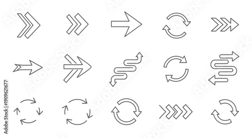 Diverse Set of Line Arrow Icons Including Forward, Backward, Refresh, Curved, and Zigzag Arrows for Navigation and Direction on Isolated White Background