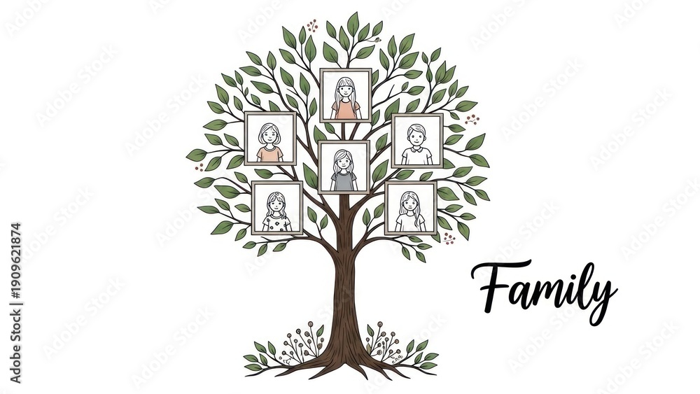Obraz premium A family tree with five generations, each represented by a framed picture.