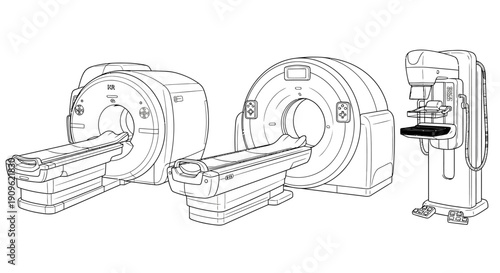 MRI and Mammography Diagnostic Machines Outline Illustration on Isolated White Background