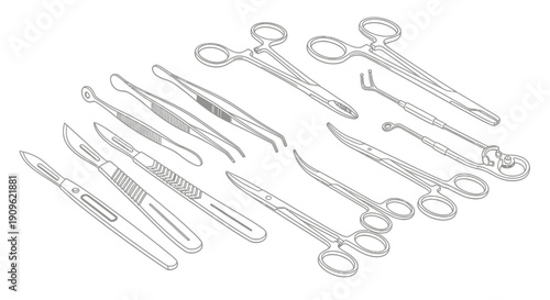 Collection of Surgical Instruments Line Art on Isolated White Background