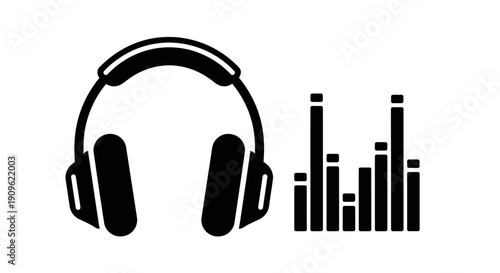 Black Headphones and Sound Equalizer Bars Icon, Isolated White Background, Representing Music and Audio Playback