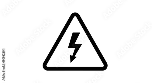 High Voltage Danger Sign with Lightning Bolt Icon in Triangle Shape, Isolated White Background, Warning of Electrical Hazard