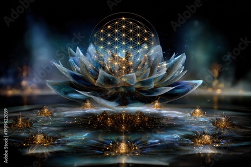 luminous sacred lotus with glowing flower of life sphere above water, mystical abstract 3d render blending spirituality geometry light and reflection in a serene futuristic cosmic atmosphere