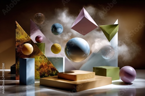 surreal abstract composition with floating geometric shapes and glossy spheres in a dreamy atmospheric space, colorful minimalist 3d render exploring balance form light and modern artistic design
