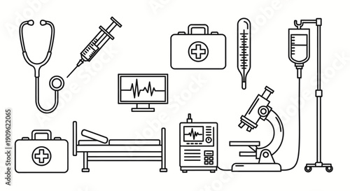 Essential Medical Equipment and Healthcare Supplies Icons for Hospital and Clinic, Isolated White Background