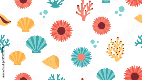 Colorful seamless pattern featuring various sea shells, starfish, and corals on a white background for beach and summer theme textile designs.