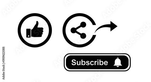 Social Media Engagement Icons Featuring Like, Share, and Subscribe Button with Bell, Isolated White Background
