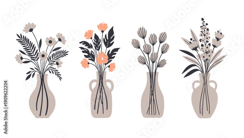 Set of four minimalist vases with different bouquets of flowers and leaves in soft earthy tones for modern interior decor and art prints.