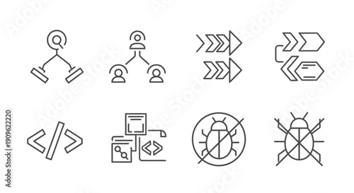 Set of diverse technology and software development line icons, including symbols for coding, processes, bug fixing, and networking, on an isolated white background.