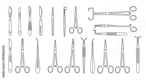 Set of various precise surgical instruments and medical tools arranged neatly on an isolated white background.