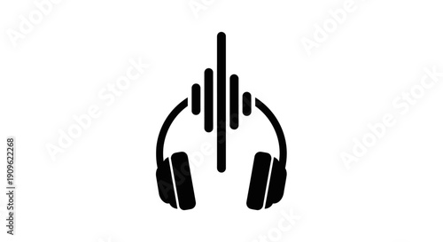 Black headphones icon with an abstract sound equalizer graphic above, symbolizing music, audio, and listening experience on an isolated white background.