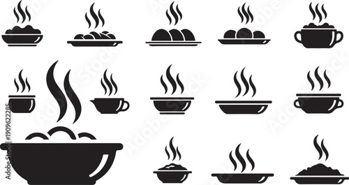 Black and white coffee cup icons with steam rising