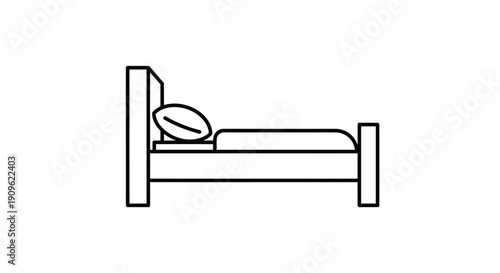 Simple hospital bed line icon with a pillow, representing rest and recovery in a medical setting on an isolated white background.