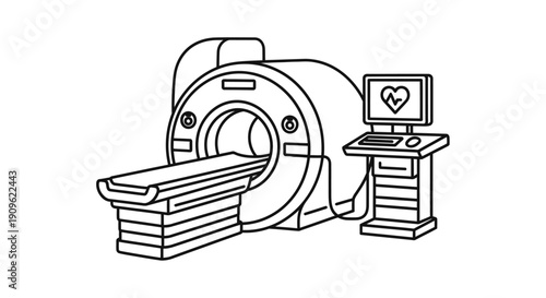 MRI machine line icon with a patient bed and monitor, symbolizing medical imaging and diagnosis on an isolated white background.