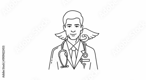 Smiling male doctor line icon with stethoscope and caduceus symbol, representing medicine and healthcare on an isolated white background.