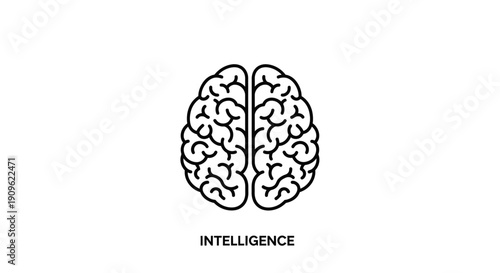 Human brain line icon with 'INTELLIGENCE' text, representing thought and cognitive ability on an isolated white background.