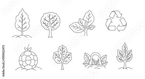 Set of environmental and nature line icons, including trees, leaves, and a recycling symbol on an isolated white background.