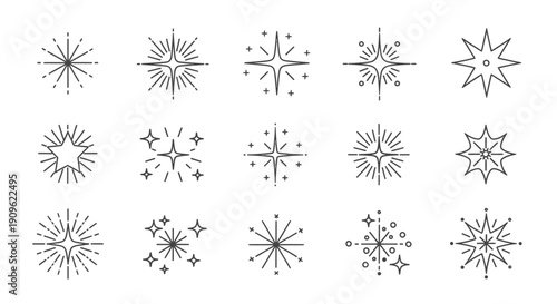 Variety of sparkling starburst and twinkle line icons, representing light effects and celebration on an isolated white background.