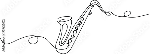 A detailed line drawing of a saxophone with musical notes flowing from it. Vector