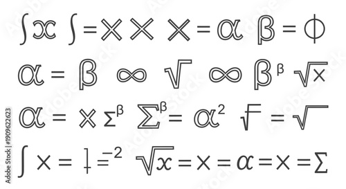 Collection of Various Mathematical Formulas and Equations with Symbols, Representing Complex Calculations on an Isolated White Background.