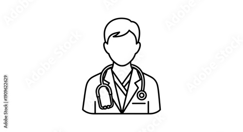 Outline Icon of a Professional Doctor or Medical Practitioner with a Stethoscope, Representing Healthcare on an Isolated White Background.