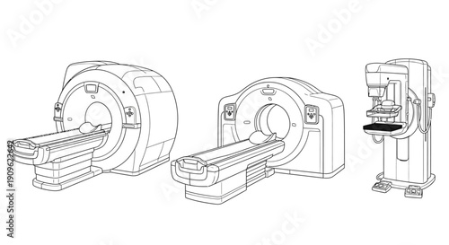 Set of Medical Imaging Equipment Outlines, including MRI, CT Scanner, and Mammography Machines on an Isolated White Background.
