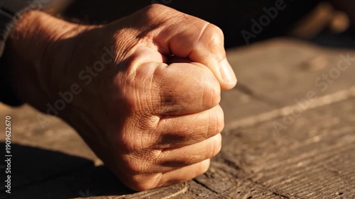 Wallpaper Mural An aged hand is clenched into a fist, resting on a wooden surface with a shallow depth of field Torontodigital.ca