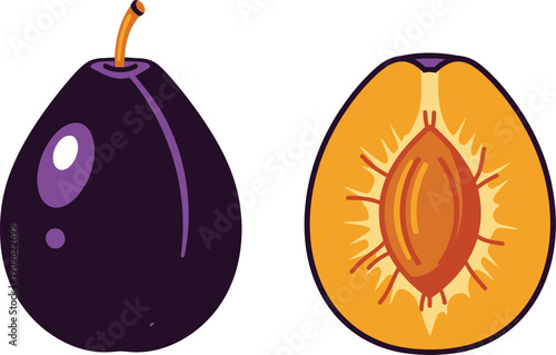 A whole and halved plum fruit illustration