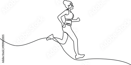 A woman running on a path with a long, flowing hair and a determined expression Vector