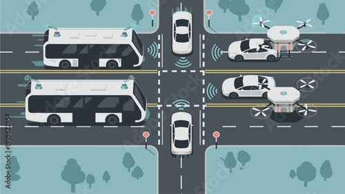 Illustration of a busy city intersection with various vehicles including buses, cars, and drones on a gray road with green trees in the background, showcasing modern transportation.
