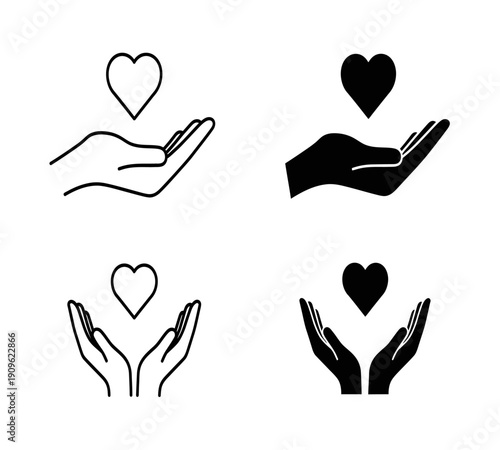 Two sets of hands cupped to receive or offer a heart shown in both line and solid styles
