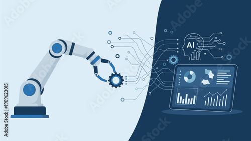 Illustration of a robotic arm interacting with a laptop displaying various graphs and charts with circuit board elements on a split light blue and dark blue background.