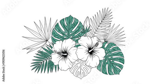 Elegant tropical bouquet featuring white hibiscus flowers and teal colored monstera and palm leaves for exotic wedding and event invitations.
