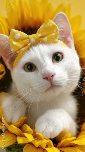 Cute white cat with yellow bow in sunflower