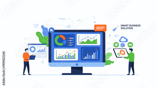 Illustration of two business professionals analyzing data on a large computer monitor with graphs and charts in a modern office setting with a professional and productive mood.