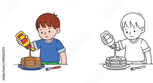 Sad Boy Pouring Syrup on Pancakes - Unhappy Child Eating Breakfast, Cartoon Style Illustration