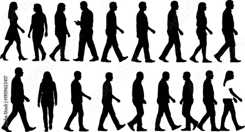 Walking people silhouettes set vector collection of men and women pedestrians going side view isolated on white background design element