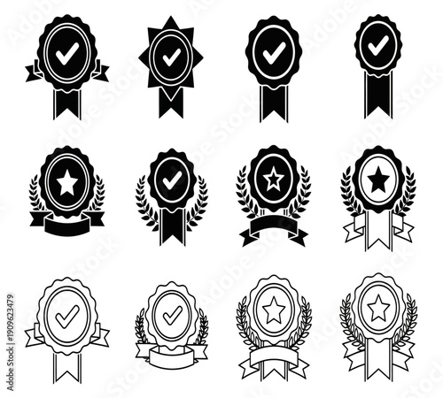 Collection of black ribbon badges and circular seals featuring checkmarks and stars high quality professional detailed