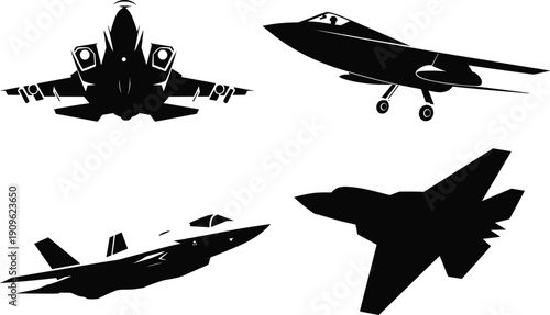 Black Fighter Jet Silhouette Vector Icon Set Featuring Modern Military Aircraft, Stealth Bombers, Supersonic Aviation Graphics, and Air Force Interceptor Planes for Defense Industry Design (25 words)