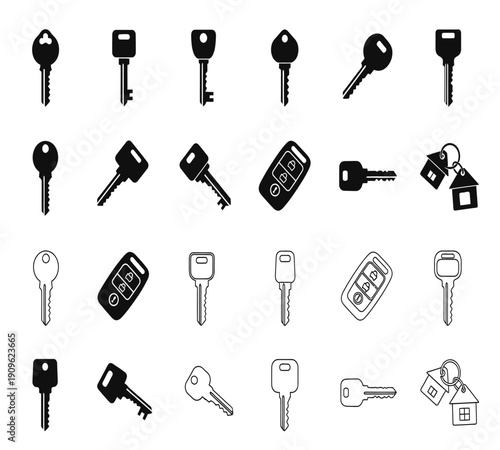 A collection of various black silhouette keys remote controls and keychains displayed in a grid