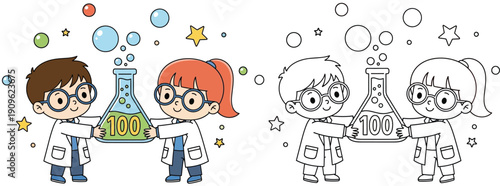 Adorable Children Scientists Holding 100 Flasks 100 Days of School Science Vector Illustration with Color and Outline Theme